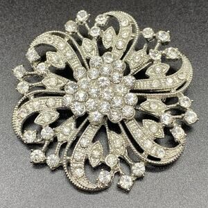 Rhinestone Pin Wheel Flower Brooch Pin Pave Clear Silver Tone Designer Style